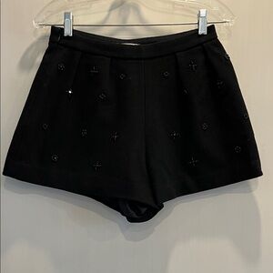 Elegant Ochirly Black Women's High Rise wool blend fully lined beaded shorts.